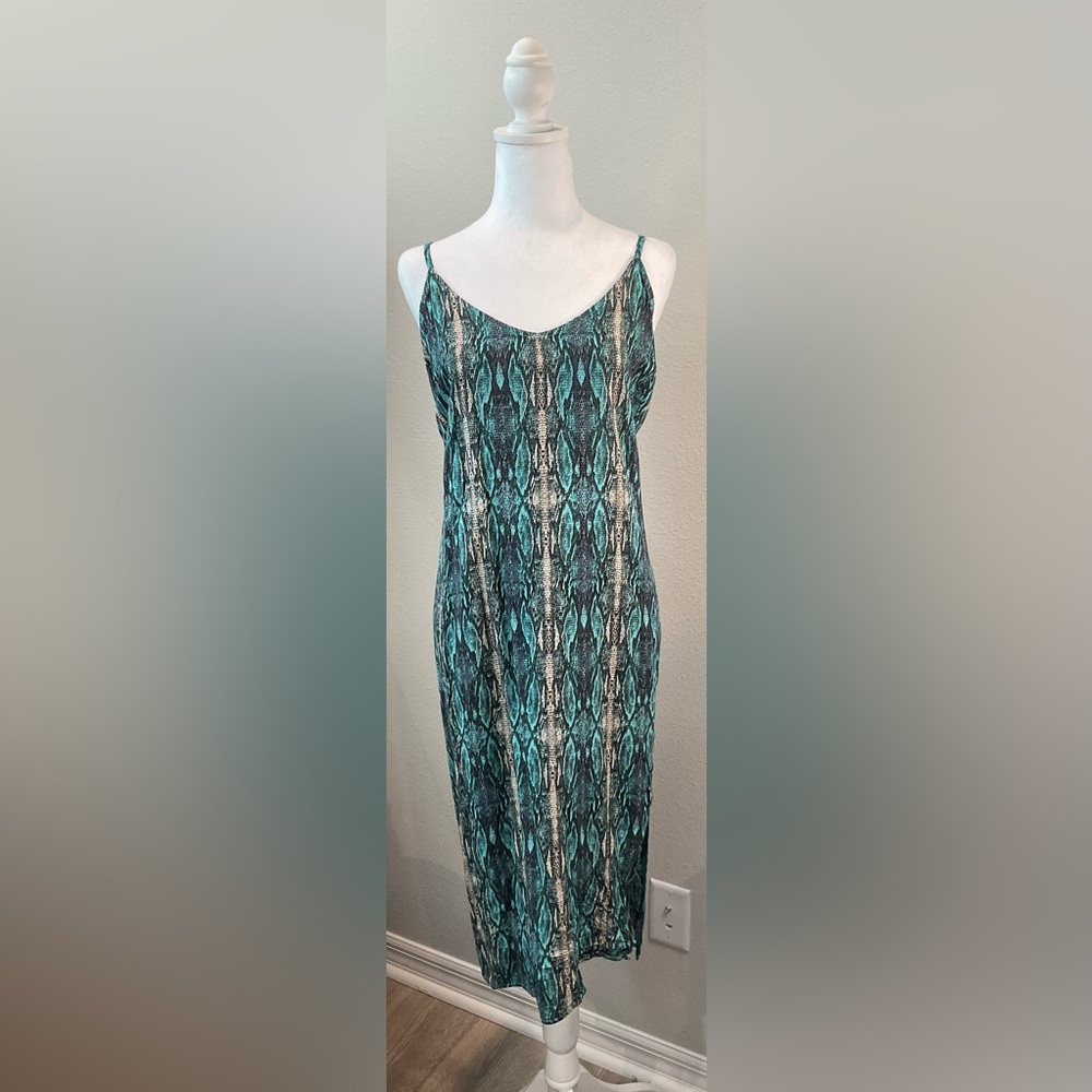 Bobeau Teal Snakeskin Slip Midi Dress Plus Size 3X Side Slit